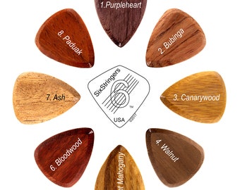 Exotic Wood Guitar Picks - Variety of Hardwood Plectrums - Purpleheart, Walnut, Ash & More