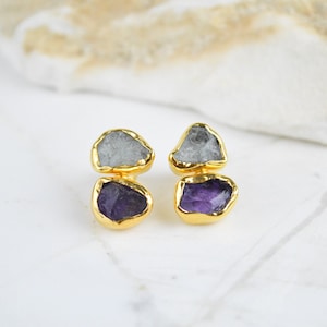 Aquamarin und Amethyst Rohedelstein Ohrstecker in Silber für Sie