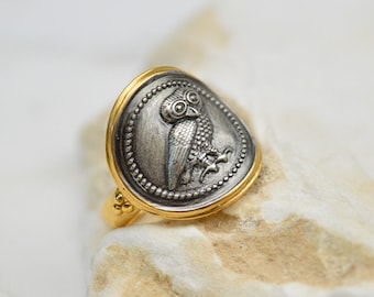 Anillo de búho, anillo de sello griego, anillo antiguo, anillo minimalista, anillo de plata, anillos para mujeres, anillo de símbolo griego, regalo para ella, anillo de declaración