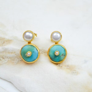Silver Turquoise and Pearl Earrings with Gemstone Accents