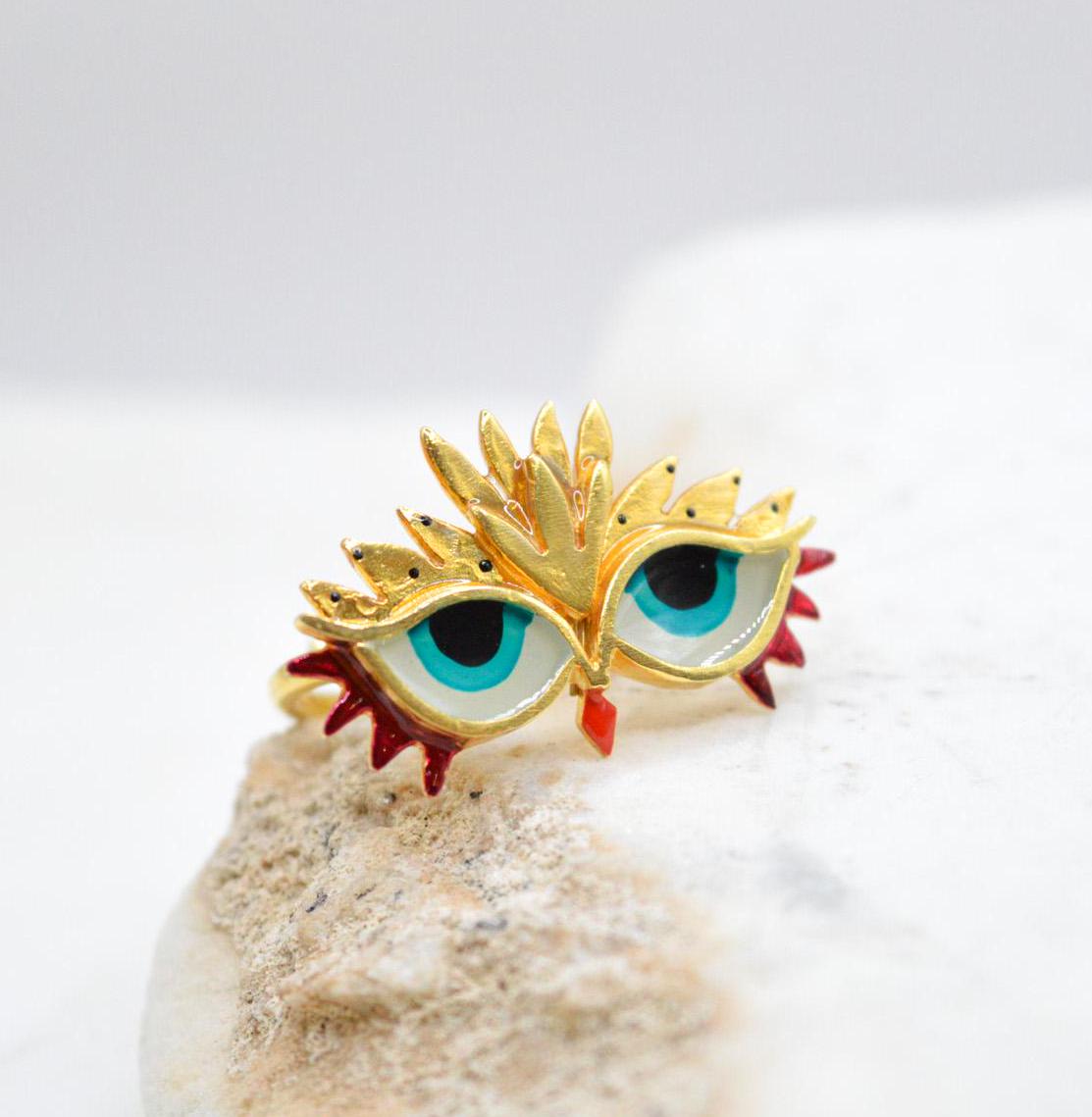 Vibrant Gold Owl Statement Ring: Adjustable Handmade Funky Eye Jewelry, Unique Gift for Her