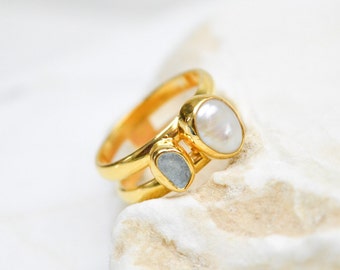 Aquamarine and Pearl Two-Stone Silver Gold Ring, March Birthstone Jewelry