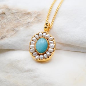 Turquoise & Pearl Gemstone Necklace: Art Deco Beaded Pendant