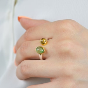 Tourmaline Ring, Dual Gemstone Ring, Minimalist Rings For Women, Silver Classy Ring, Adjustable Ring, Open Cuff Ring, Gift For Her