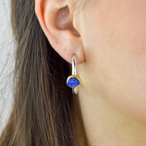 Lapis Lazuli Hoop Earrings, Unique Medium Hoop Earrings, Silver Gold Plated Hoop Earrings, Boho Chunky Hoops, Rough Raw Gemstone Earrings