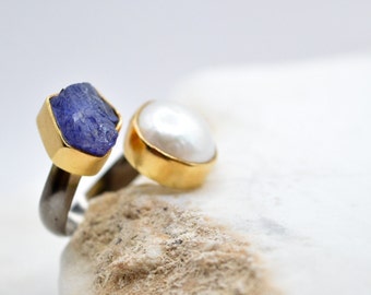 Iolite and Pearl Ring, Silver Dual Gemstone Ring, Adjustable Ring, Oversized Dazzling Statement Ring, Classy Bezel Set Ring, Greek Ring