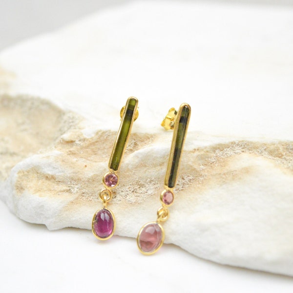 Natural Rough Tourmaline Earrings, Minimalist Oval Charm Earrings, Silver Earrings, Mini Huggie Earrings, Gift For Her, Statement Earrings