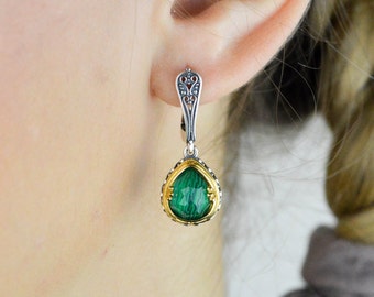 MALACHITE DANGLE EARRINGS, Art Deco Dangle Gemstone Earrings, Unique Silver Dangling Earrings, Vintage Huggie Earrings, Gift For Her