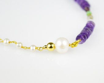 Amethyst and Pearl Gemstone Necklace, Bead Necklace, Long Layer Gemstone Necklace, Delicate Necklace, Gift For Her, Small Bead Necklace
