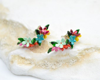 Multicolor Open Hoops Earrings, Unique Floral Stud, Flower Semi Hoop Earrings, Floral Hoop Earrings For Woman, Silver Earrings, Gift For Her