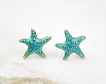 Blue Enamel Starfish Stud Earrings, Tiny Minimalist Earrings, Small Dainty Earrings, Art Deco Stud Earrings, Gift For Her, Artisan Earrings