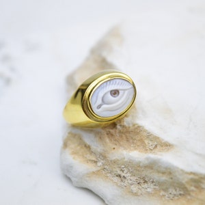 Vintage Evil Eye Cameo Signet Ring - Statement Gemstone Jewelry in Sterling Silver or 14k Gold
