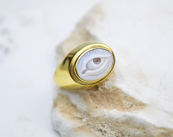 EYE CAMEO RING, Eye Signet Silver Ring, Vintage Evil Eye Ring, Large Gemstone Statement Ring, 14K Gold Cameo Eye Ring, Gift For Her