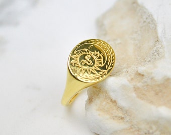 Sun Moon Signet Ring, Silver Sun Ring, Adjustable Open Cuff Antique Ring, Rings For Women, Gift For Her, Statement Ring, Unique Gift