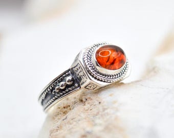 Art Deco Amber Ring, Natural Baltic Amber Ring, Edwardian Gemstone Rings, Sterling Silver Ring, Small Gemstone Ring, Gift For Her