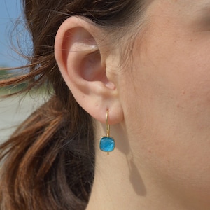 Apatite Doublet Earrings, Dangling Huggie Gemstone Earrings, Hug Sterling Silver Earrings, Dainty Minimalist Gold Earrings, Gift For Her