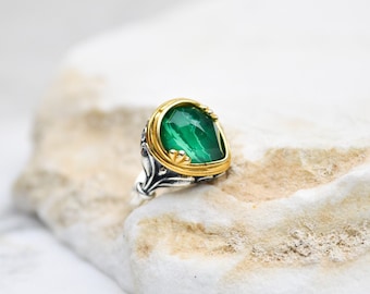 BAGUE AVEC PIERRES GEMMES MALACHITE, bague bohème argentée délicate, petite bague avec pierres précieuses délicates, bague minimaliste en or argenté, cadeau pour elle, bagues pour femme