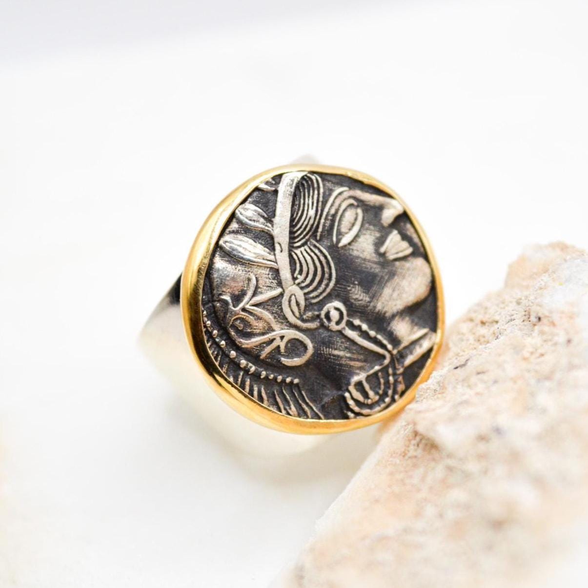 Coin Signet Ring, Large Statement Ring, Chunky Silver and Gold Carved Ring, Rings For Women, Art Deco Ring, Gift For Her, Handmade Ring