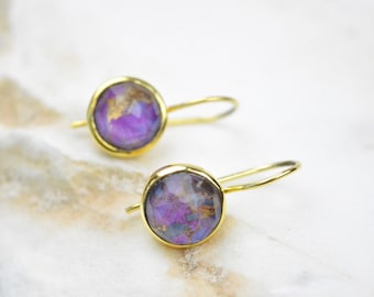 Purple Copper Doublet Earrings, Dangle Gemstone Earrings, Small Charm Earrings, Silver Gold Earrings, Silver Gemstone Earrings, Gift For Her