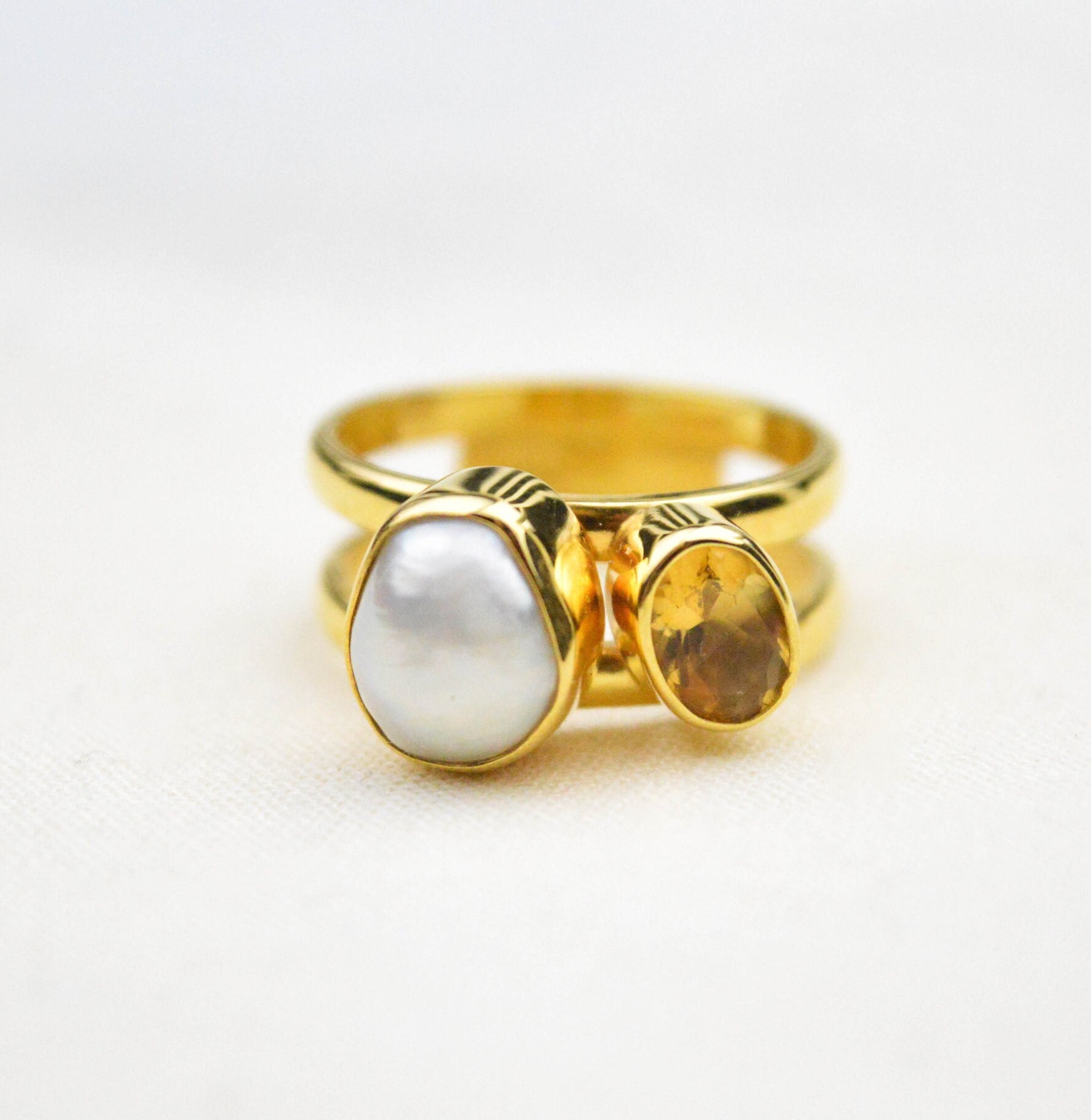 Citrine Baroque Pearl Ring, Statement Gemstone Ring, Chunky Classy Silver Ring For Women, Oversized Ring, Gift For Her, Stacking Stone Ring