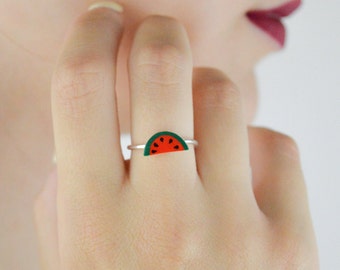 Tiny Watermelon Ring, Dainty Fruits Watermelon Ring, Minimalist Silver Ring, Multicolor Small Delicate Ring, Art Deco Ring, Gift For Her