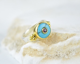 TURQUOISE GARNET RING, Tiny Gemstone Ring, Small Stacking Gemstone Ring, Minimalist Sterling Silver Ring, Gift For Her, Rings For Women