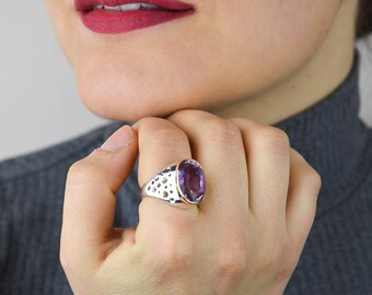 Statement Amethyst Ring, Oversized Gemstone Ring, Chunky Gemstone Ring, Sterling Silver Art Deco Ring, Gift For Her, Large Gemstone Ring