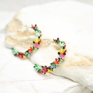 FLORAL HOOP EARRINGS, Flower Hoop Earrings, Open Hoop Earrings, Oversized Multicolour Hoop Earrings For Woman, Silver Hoops, Gift For Her