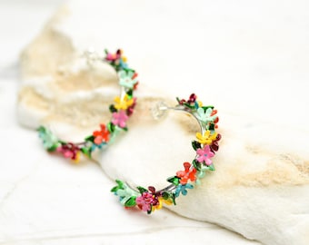 FLORAL HOOP EARRINGS, Flower Hoop Earrings, Open Hoop Earrings, Oversized Multicolour Hoop Earrings For Woman, Silver Hoops, Gift For Her