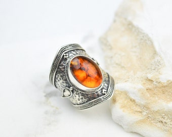 Amber Ring, Statement Ring, Silver Carved Ring, Art Deco Ring, Silver Ring, Rings For Women, Gift For Her, Boho Antique Ring, Gemstone Ring