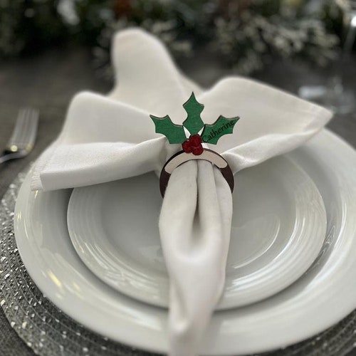 Anillos personalizados para servilletas de pudín navideño, decoración de mesa navideña de madera, marcadores de sitio con nombre, cena festiva, juego de 2, 4, 10, 20