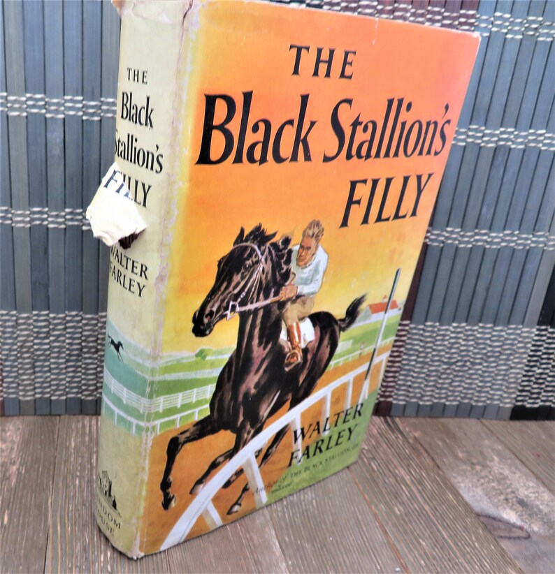 Puede incluir: Una cubierta de libro vintage con fondo naranja que presenta el t&iacute;tulo "The Black Stallion's Filly" en texto negro. La cubierta representa un caballo negro corriendo en una pista con un jinete mont&aacute;ndolo.