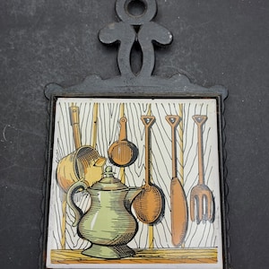 Vintage made in Taiwan Trivet Tile Cooking Utensils Green Teapot 1970s Cast Iron Holder