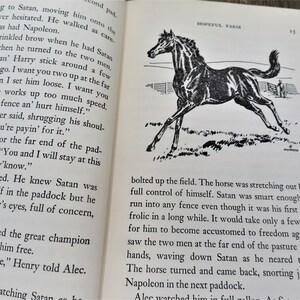 Puede incluir: Ilustraci&oacute;n en blanco y negro de un caballo corriendo en un campo. El caballo est&aacute; estirando las patas y tiene la cabeza girada hacia la izquierda. El texto "HOPEFUL FARM" est&aacute; en la esquina superior derecha de la imagen.