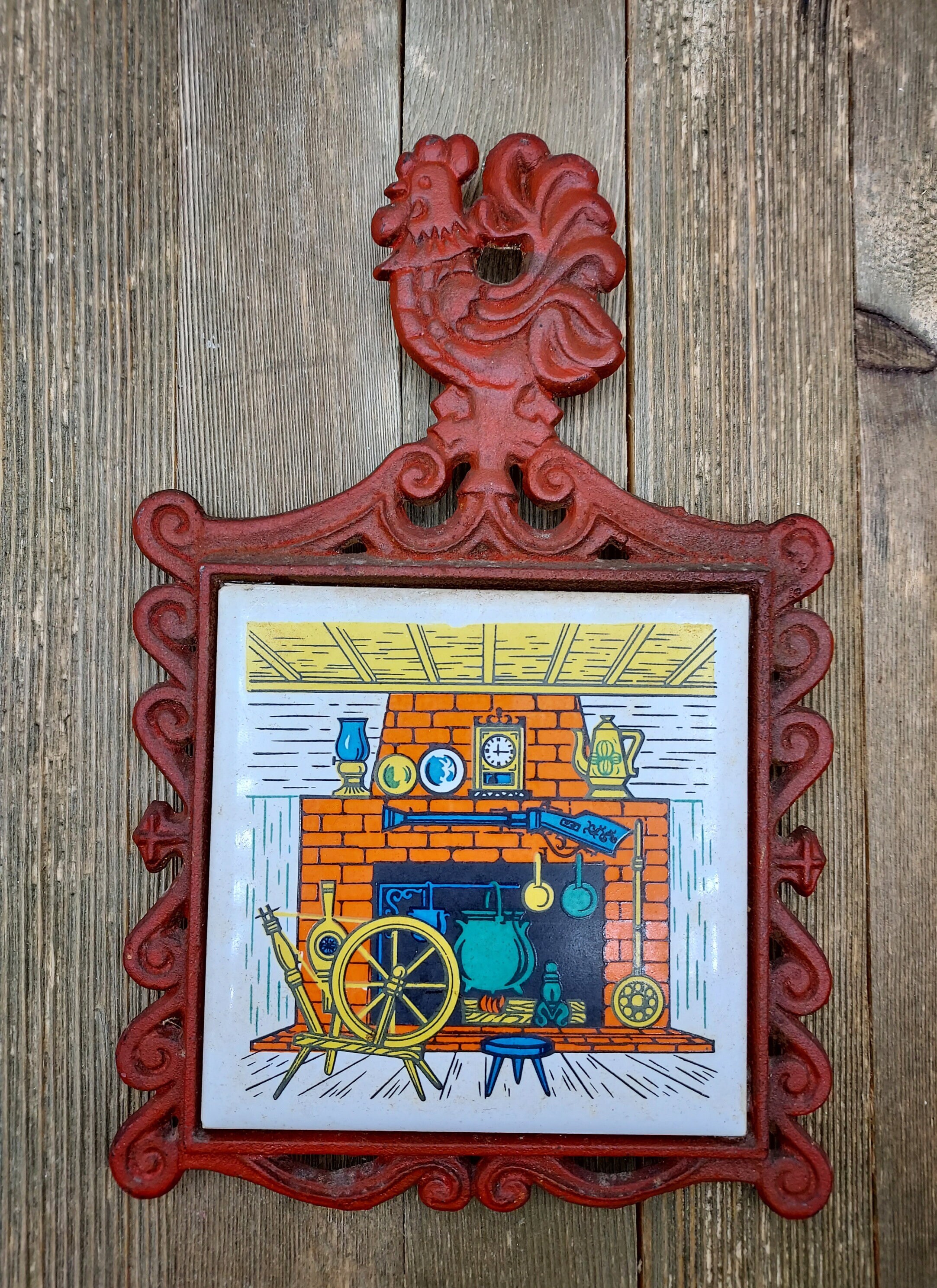 Art Mark Red Cast Iron Tile Trivet Wall Hanger Farmhouse Country Retro