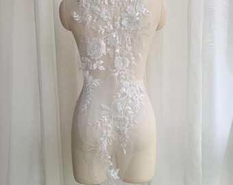 Bridal Lace Applique with Sequins Beads, Large Floral Lace Patch for Wedding Dress Back, Ivory White Embroidery Lace Motif for Gown