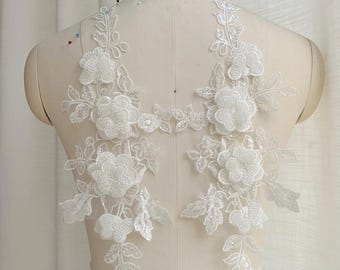 Ivory 3D Beaded Lace Applique Pair, Floral Sequined Lace Motif, Pearl Flower Bodice Patch for Wedding Dress Bridal Gown DIY