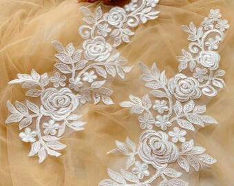 Ivory Lace Applique Pair, Ivory Rose Floral Lace Patch, Embroidered Bridal Lace Motif for Wedding Dress, Veil, Costume DIY