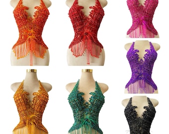 Beaded Rhinestone Applique Bodice Patch for Dance Costume Carnival Dress, Heavy Crystal Sequin Bodice Patch, Acrylic Rhinestone Patch