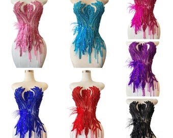 Ostrich Feather Rhinestone Applique, Crystal Bodice Patch for Prom Dress, Beaded Acrylic Stones Embroidery for Dancewear, Gala Gown Supplies