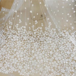 Ivory Beaded Flower Gauze Embroidery Lace Fabric Gradient Flower Lace Fabric Sequined Blossom Bridal Lace Fabric For Wedding Dress Curtain