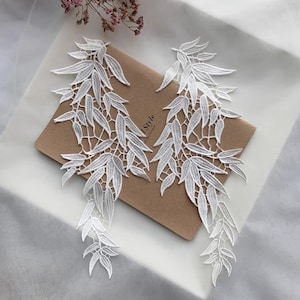 Bamboo Leaves Embroidery Lace Applique Mirror Pair Vines Leaves Lace Motif Off White Lace Patch Wedding Accessories for DIY Dress Gown Veil