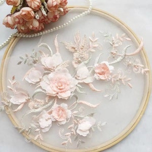 Delicate 3D Floral Beaded Embroidery Lace Applique, Flower Leaf Lace Patch, Floral Sewing Motif For Bridal Gown, Evening Dress, DIY Costumes