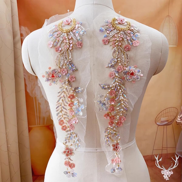Heavy Sequins Beaded Lace Appliques Champagne Lace Pair Patches Blossom Embroidery Lace Motif For Party Dress Dancing Dress Pageant Gown