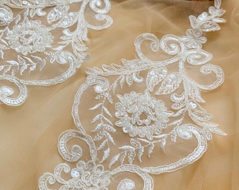 Ivory Lace Applique Pair, Sequined Floral Bridal Lace Patch, Ivory Lace Motif for Wedding Dress, Evening Dress Couture Supply