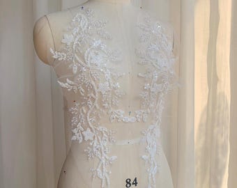 Beaded Bridal Lace Applique with Sequins, White Floral Lace Motif for Wedding Dress Front Bodice, Large Embroidery Patch for Gown