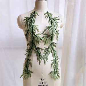 Mirror Pair Lace Applique Vine Leaves Lace Applique, Green Leaf Lace Patch, Leaf Lace Motif Wedding Accessories for DIY Dress Gown Bodice