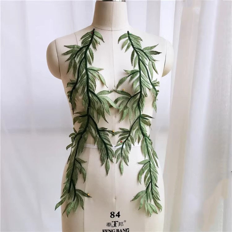 green emerald velvet dress White Long Tulle Prom Dress with Pockets Meadow Green Leaf Appliques Y –  Viniodress main image 1