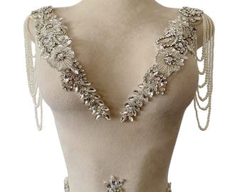 Luxurious Acrylic Rhinestone Applique Set with Pearl Beading, Crystal Bodice Patch for Bridal Gowns, Evening Dress, DIY Dance Costume Design