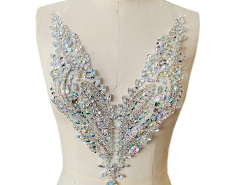 Crystal Applique for Bodice, Clear Rhinestone Lace Patch for Wedding Gown, Bridal Headpiece DIY, Sparkly Prom Dress Motif Evening Gown
